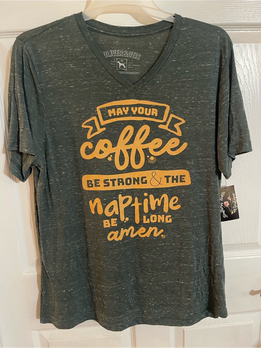 Women’s V-Neck Graphic T-Shirt in Dark Green with Yellow Print